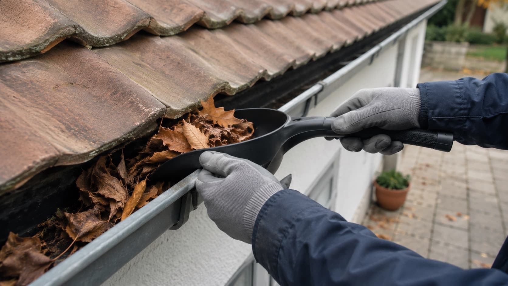 Gutter scoop clearing leaves from a safely reachable gutter